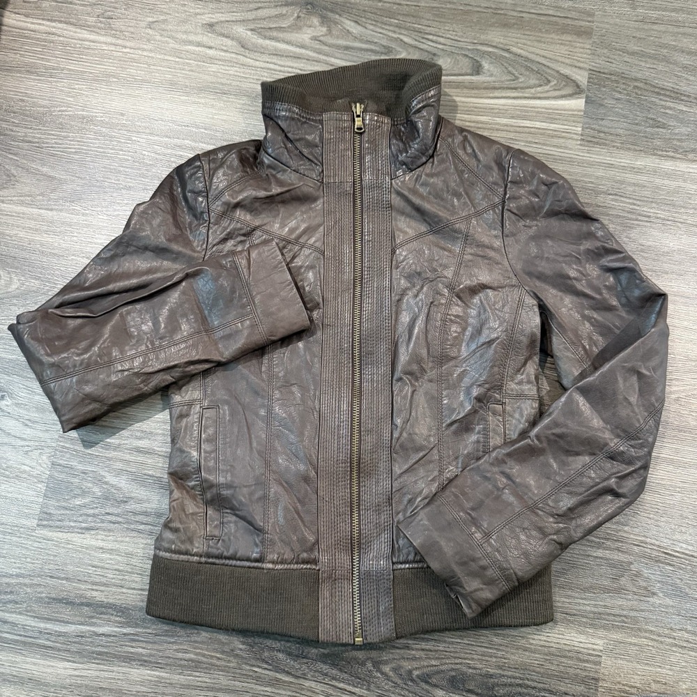 Black Rivet Brown Leather Classic Moto/Bomber Jacket Zip Medium Pockets